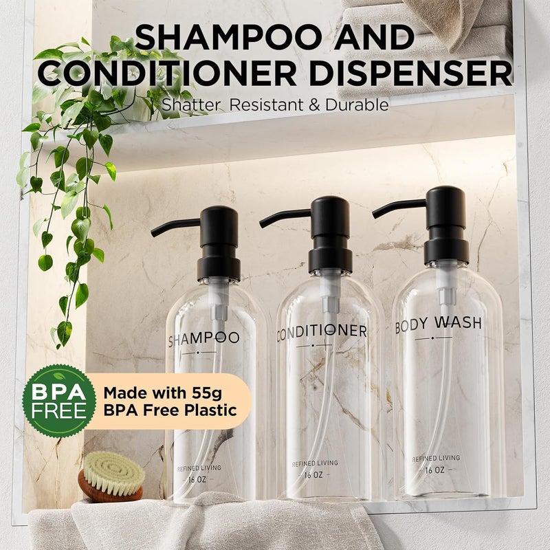 Aeakey Shampoo and Conditioner Dispenser Set,3 Refillable 16oz Bottles with Stainless Steel Pumps – Shower Soap Dispensers for Bathroom, Hotel or Airbnb (Transparent, 3-Pack) - Image 2